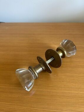 Vintage Fluted Glass and stamped metal Door Knob Set